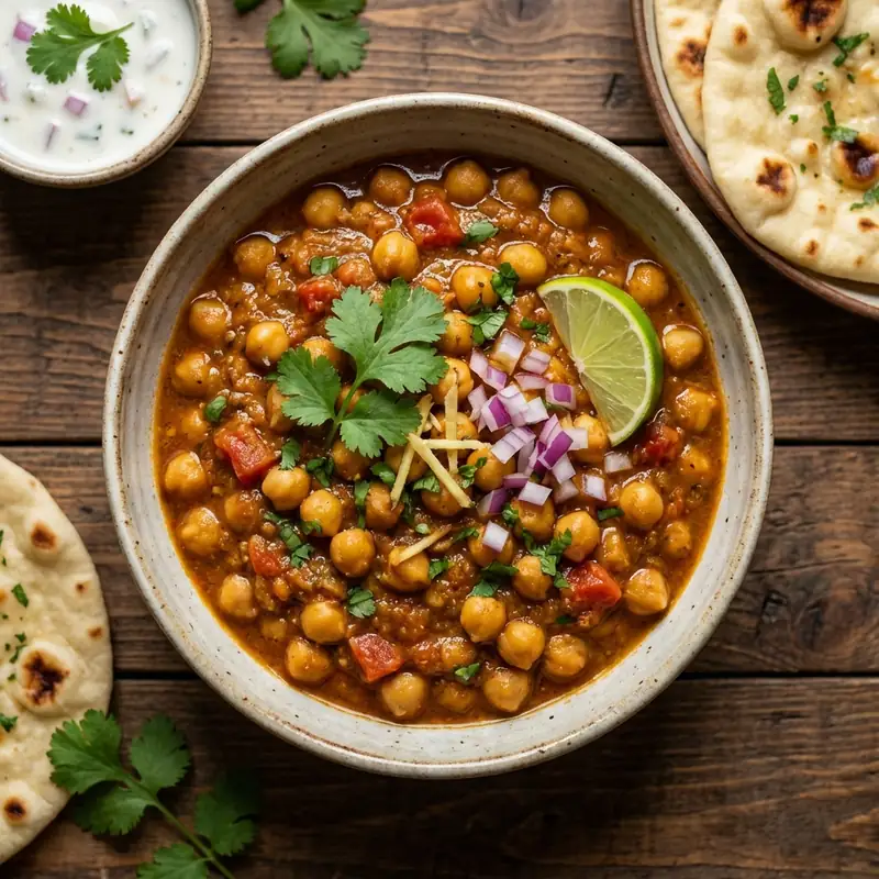 A classic North Indian curry with chickpeas in a spicy, tangy tomato-based sauce.