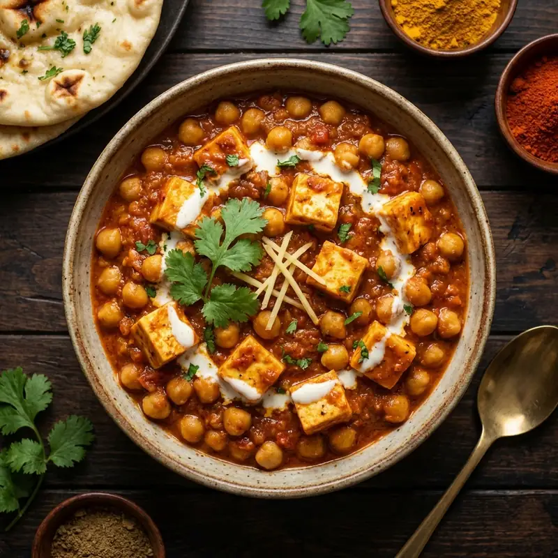 A delightful combination of chickpeas and soft paneer cubes in a flavorful curry.