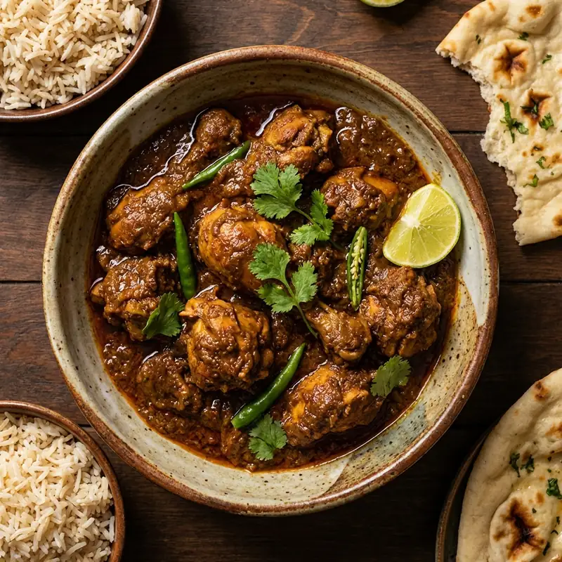A slow-cooked, spicy chicken curry with a thick, rich gravy.