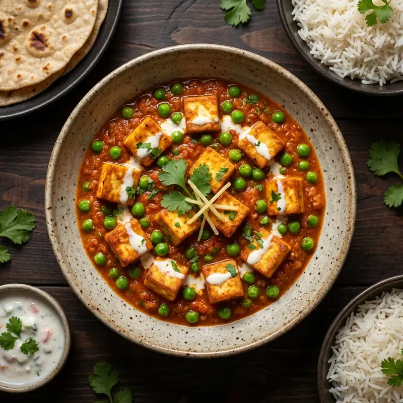 A wholesome curry of paneer and green peas in a tomato-based gravy.