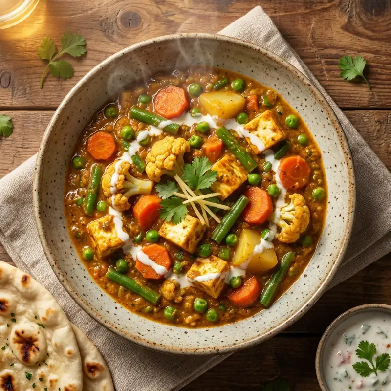 A medley of seasonal vegetables cooked in a rich and aromatic gravy.