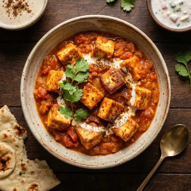 Soft paneer cubes simmered in a spiced tomato and onion gravy.
