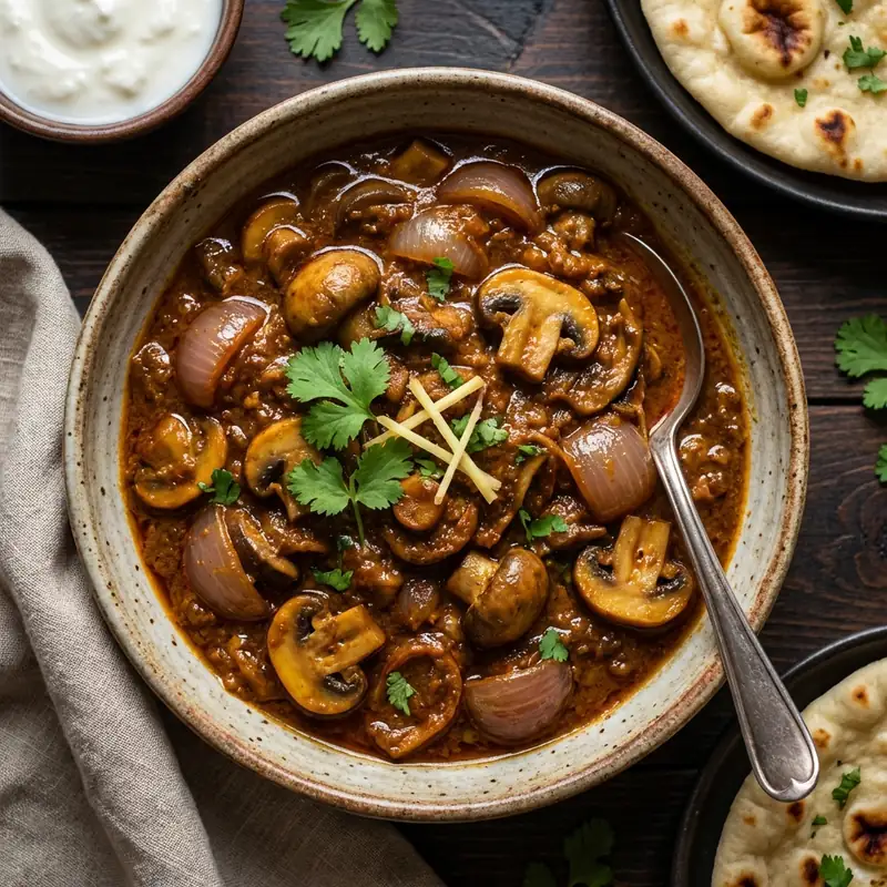 A flavorful mushroom curry with a prominent taste of sweet, crunchy onions.